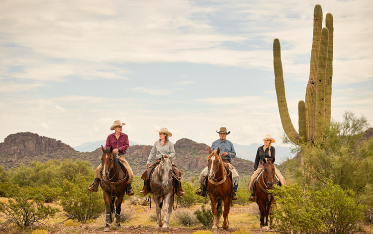 cuatro personas a caballo cabalgando por el desierto.